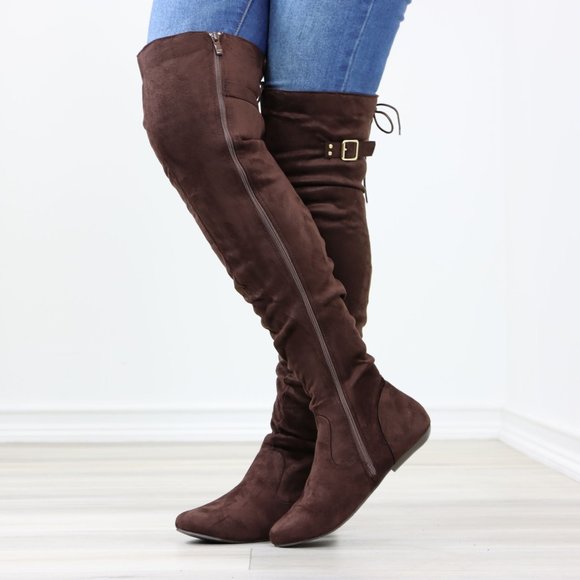Brown Thigh High Over The Knee Flat Boots Faux Suede Laced Back - Picture 9 of 14